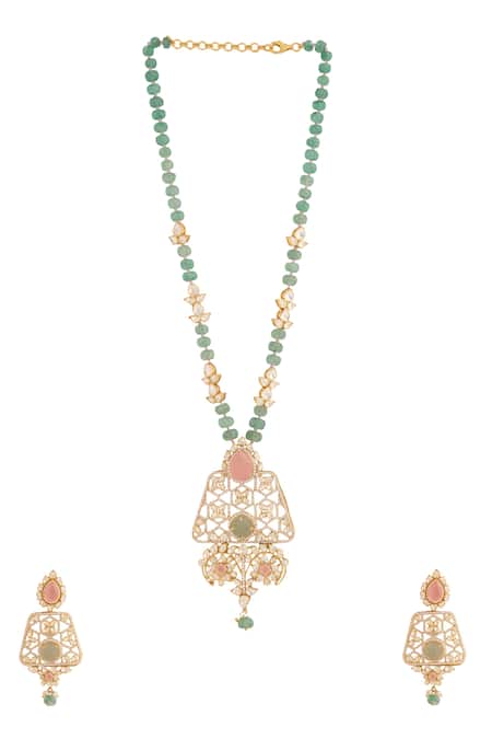 Buy_Kicky & Perky_Gold Plated Stones Geometric Cutwork Pendant Necklace Set _Online_at_Aza_Fashions