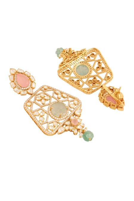 Shop_Kicky & Perky_Gold Plated Stones Geometric Cutwork Pendant Necklace Set _Online_at_Aza_Fashions