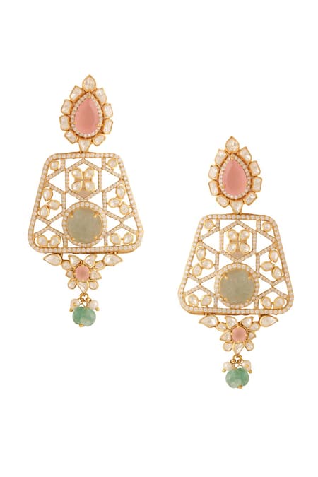 Kicky & Perky_Gold Plated Stones Geometric Cutwork Pendant Necklace Set _at_Aza_Fashions