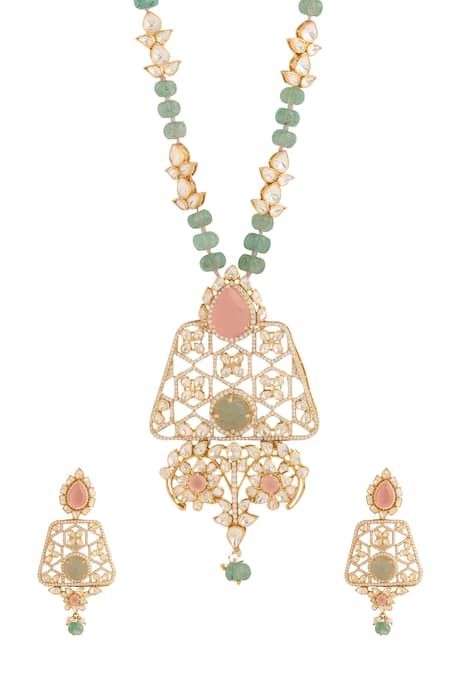 Shop Kicky & Perky Gold Plated Stones Geometric Cutwork Pendant Necklace Set Shop_Kicky & Perky_Gold Plated Stones Geometric Cutwork Pendant Necklace Set