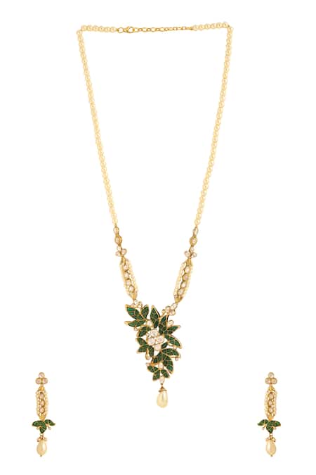 Shop_Kicky & Perky_Gold Plated Stones, Beads Floral Pendant Necklace And Earring Set _Online_at_Aza_Fashions