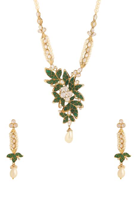 Kicky & Perky_Gold Plated Stones, Beads Floral Pendant Necklace And Earring Set _at_Aza_Fashions