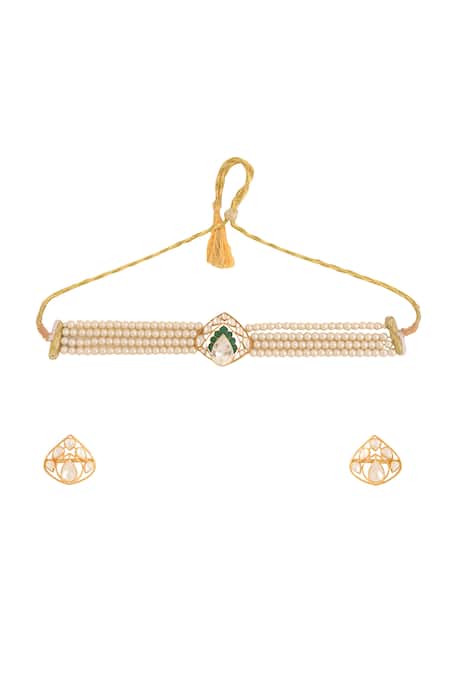 Kicky & Perky_Gold Plated Stones, Beads Geometric Motif Choker Set _Online_at_Aza_Fashions
