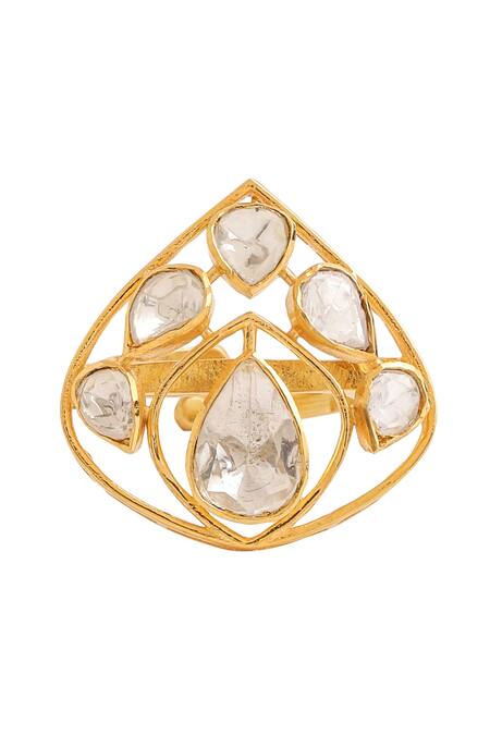 Kicky & Perky_Gold Plated Stones Embellished Cutwork Ring _at_Aza_Fashions