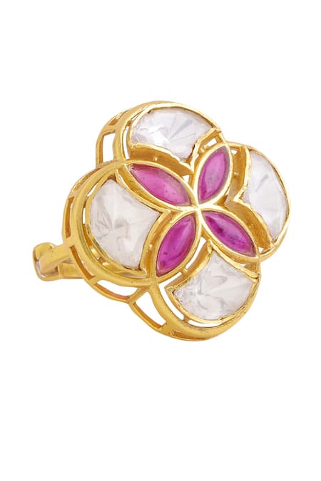 Shop_Kicky & Perky_Gold Plated Stones Geometric Shaped Ring _Online_at_Aza_Fashions