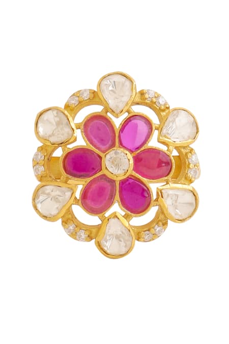Buy_Kicky & Perky_Gold Plated Stones Floral Cutwork Ring _Online_at_Aza_Fashions