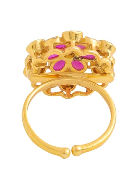 Kicky & Perky_Gold Plated Stones Floral Cutwork Ring _at_Aza_Fashions