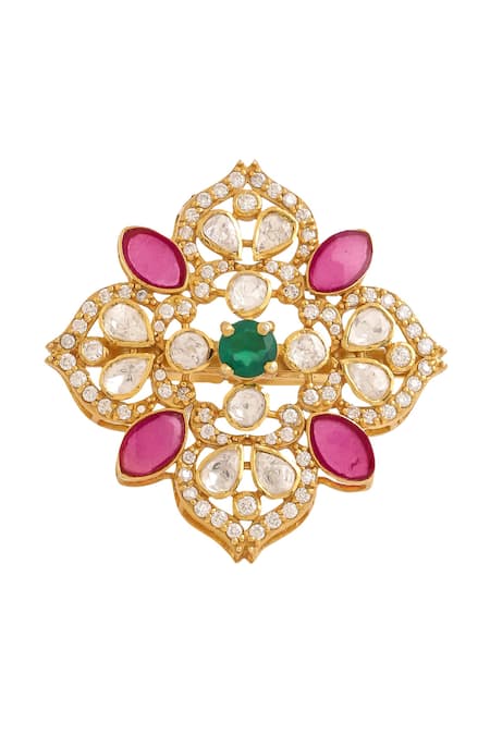 Shop_Kicky & Perky_Gold Plated Stones Floral Cutwork Ring _Online_at_Aza_Fashions