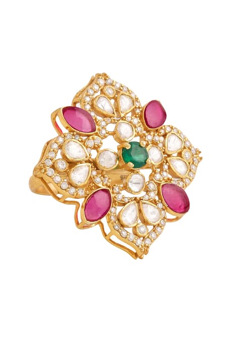 Kicky & Perky_Gold Plated Stones Floral Cutwork Ring _at_Aza_Fashions