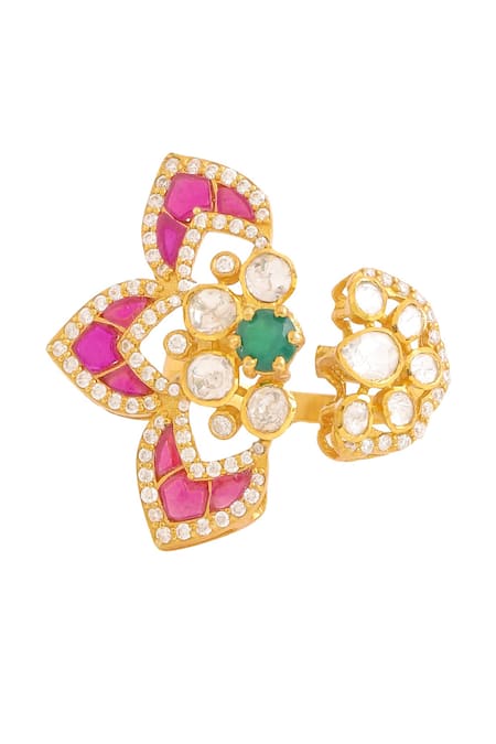 Shop_Kicky & Perky_Gold Plated Stones Embellished Flower Petal Ring_Online_at_Aza_Fashions
