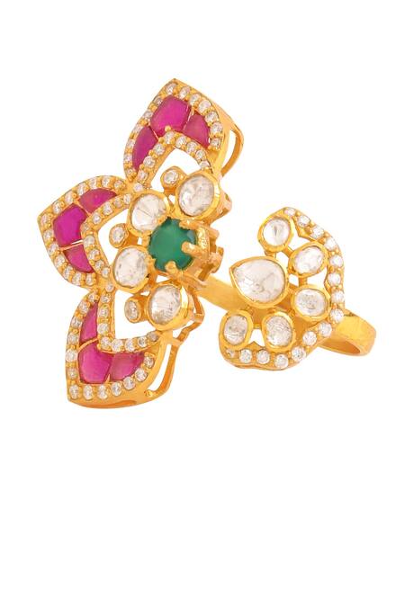 Kicky & Perky_Gold Plated Stones Embellished Flower Petal Ring_at_Aza_Fashions