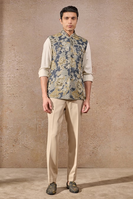 Buy_Tarun Tahiliani_Blue Jacquard Embroidery Floral Motif Textured Waistcoat _Online_at_Aza_Fashions