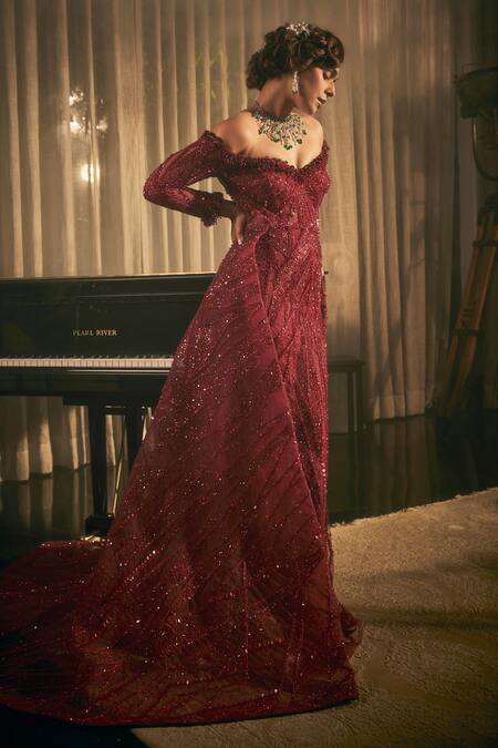 Shop_Amit GT_Red Net Beads, Sequins, Zari Sweetheart Neck Off Shoulder Embroidered Gown _Online_at_Aza_Fashions