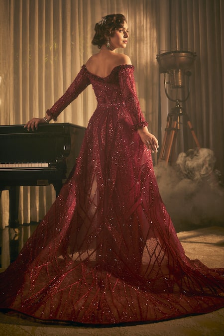 Amit GT Red Off Shoulder Embroidered Gown 