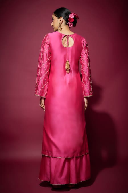 Shop The Aarya Pink Organza, Handloom Cotton Zari, Embroidery Split Hand Kurta Palazzo Set at Aza Fashions Shop_The Aarya_Pink Organza, Handloom Cotton Zari, Embroidery Split Hand Kurta Palazzo Set _at_Aza_Fashions