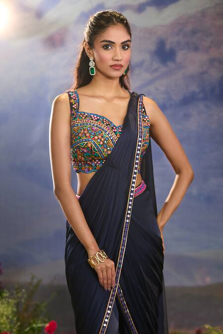 Buy_Aariyana Couture_Blue Chiffon, Satin Embroidery, Mirrors Sweetheart Navy Pre-draped Saree Set 