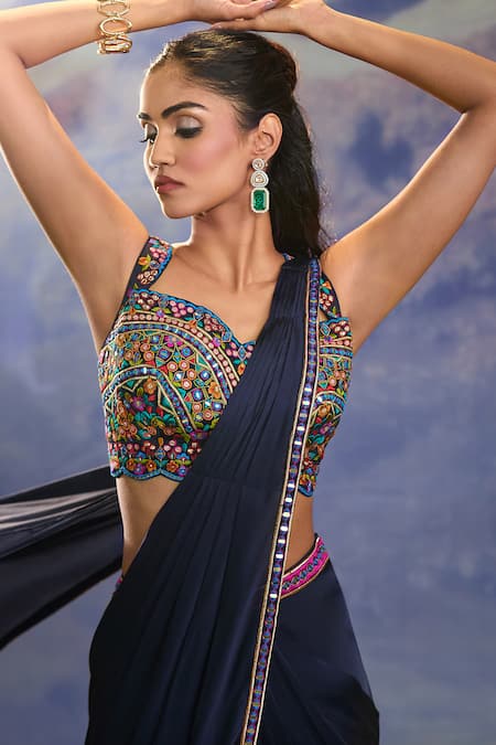 Shop_Aariyana Couture_Blue Chiffon, Satin Embroidery, Mirrors Sweetheart Navy Pre-draped Saree Set 