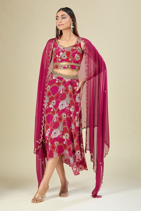 Buy Mehak Murpana Pink Crepe, Georgette Sequins, Beads, Embroidery Floral Skirt Set Online at Aza Fashions Buy_Mehak Murpana_Pink Crepe, Georgette Sequins, Beads, Embroidery Floral Skirt Set _Online_at_Aza_Fashions