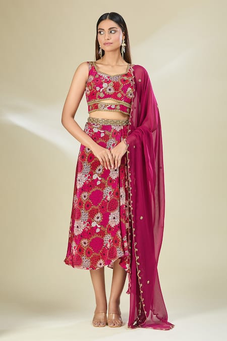 Shop Mehak Murpana Pink Crepe, Georgette Sequins, Beads, Embroidery Floral Skirt Set Online at Aza Fashions Shop_Mehak Murpana_Pink Crepe, Georgette Sequins, Beads, Embroidery Floral Skirt Set _Online_at_Aza_Fashions