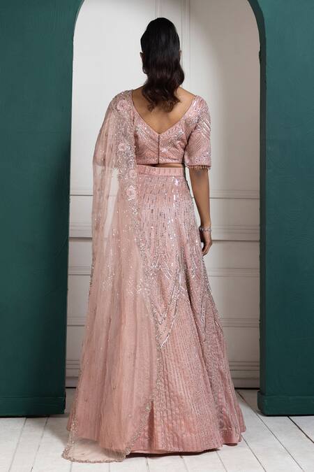 Shop Smriti By Anju Agarwal Peach Organza, Satin Sequins, Beads, Embroidery Round Brazen Ray Lehenga Set at Aza Fashions Shop_Smriti By Anju Agarwal_Peach Organza, Satin Sequins, Beads, Embroidery Round Brazen Ray Lehenga Set _at_Aza_Fashions