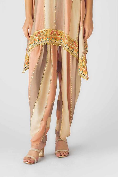 Buy_Basanti - Kapde Aur Koffee_Peach Muslin Embroidery, Sequins, Embellished Asymmetric Kurta And Dhoti Pant_Online_at_Aza_Fashions