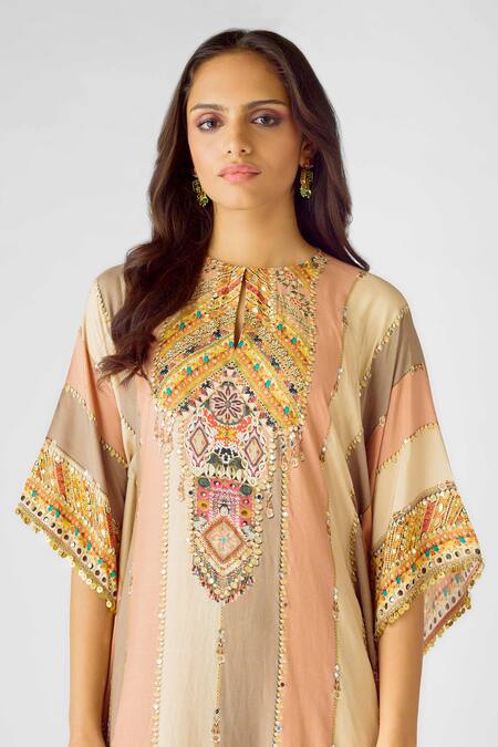 Shop_Basanti - Kapde Aur Koffee_Peach Muslin Embroidery, Sequins, Embellished Asymmetric Kurta And Dhoti Pant_Online_at_Aza_Fashions