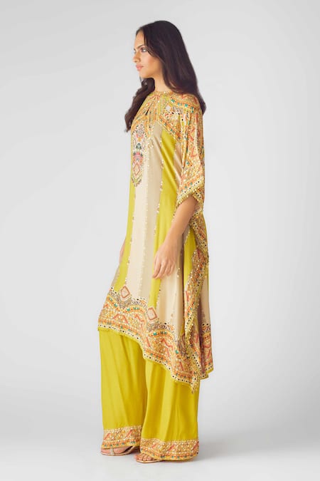 Basanti - Kapde Aur Koffee_Green Muslin Sequins Keyhole Neck Floral Work Asymmetric Kaftan And Flared Pant_Online_at_Aza_Fashions