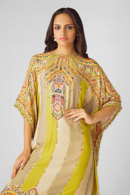 Buy_Basanti - Kapde Aur Koffee_Green Muslin Sequins Keyhole Neck Floral Work Asymmetric Kaftan And Flared Pant_Online_at_Aza_Fashions
