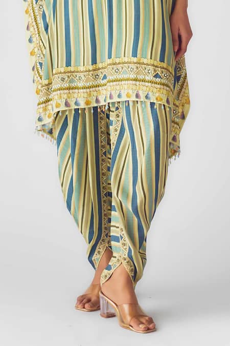 Basanti - Kapde Aur Koffee_Blue Muslin Sequins, Beads Keyhole Neck Floral Stripe Embellished Kurta Set_Online_at_Aza_Fashions