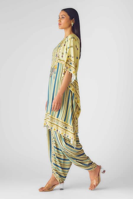 Buy_Basanti - Kapde Aur Koffee_Blue Muslin Sequins, Beads Keyhole Neck Floral Stripe Embellished Kurta Set_Online_at_Aza_Fashions