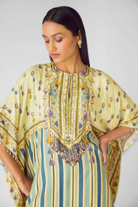 Shop_Basanti - Kapde Aur Koffee_Blue Muslin Sequins, Beads Keyhole Neck Floral Stripe Embellished Kurta Set_Online_at_Aza_Fashions