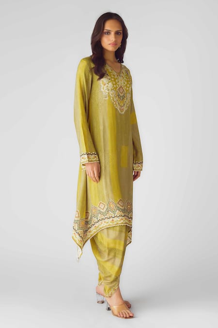 Basanti - Kapde Aur Koffee Green Muslin Mirrors, Sequins, Beads Keyhole Asymmetric Floral Dhoti Kurta Set Online at Aza Fashions Basanti - Kapde Aur Koffee_Green Muslin Mirrors, Sequins, Beads Keyhole Asymmetric Floral Dhoti Kurta Set _Online_at_Aza_Fashions