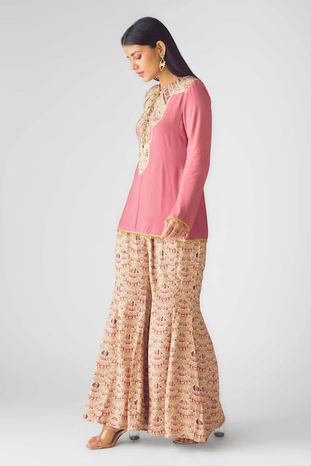Basanti - Kapde Aur Koffee_Pink Muslin Embroidery, Sequins, Floral Embellished Kurta Set With Sharara_Online_at_Aza_Fashions