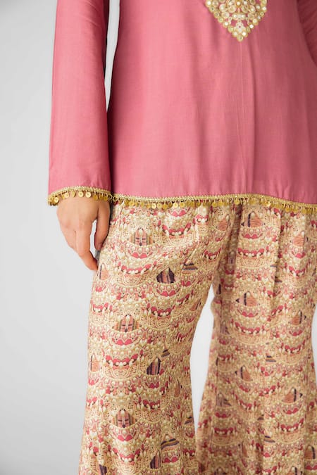 Buy_Basanti - Kapde Aur Koffee_Pink Muslin Embroidery, Sequins, Floral Embellished Kurta Set With Sharara_Online_at_Aza_Fashions