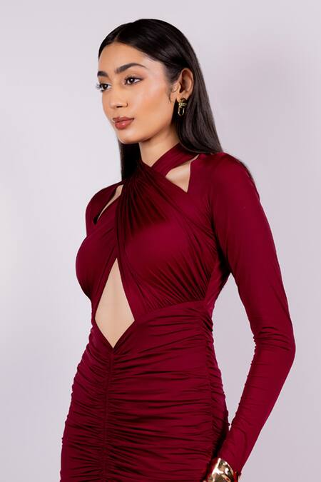 Pinup By Astha_Maroon Lycra Halter Neck Ruched Draped Gown _Online_at_Aza_Fashions