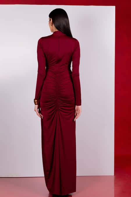 Pinup By Astha Maroon Ruched Draped Gown 