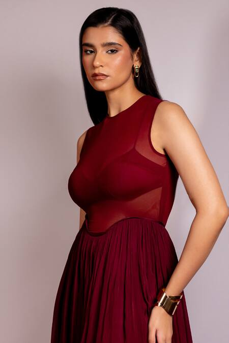 Pinup By Astha_Maroon Chiffon, Lycra Round Neck, Collared Curved Waist Gown With Bralette _Online_at_Aza_Fashions