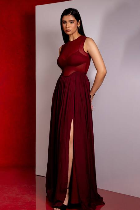Buy_Pinup By Astha_Maroon Chiffon, Lycra Round Neck, Collared Curved Waist Gown With Bralette _Online_at_Aza_Fashions