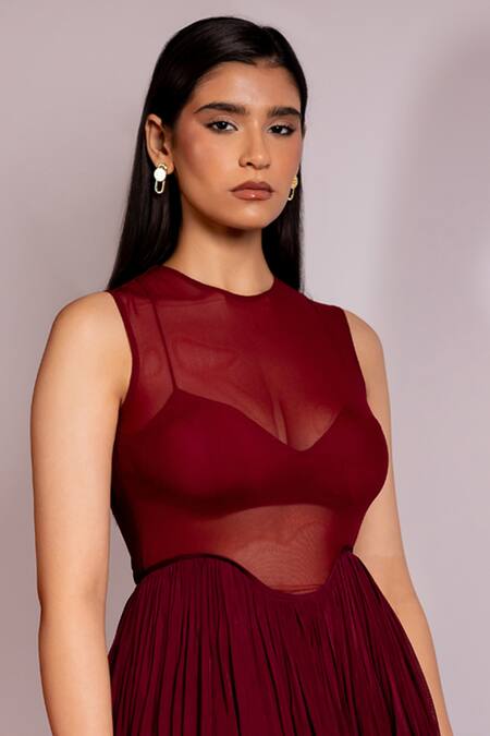 Shop_Pinup By Astha_Maroon Chiffon, Lycra Round Neck, Collared Curved Waist Gown With Bralette _Online_at_Aza_Fashions