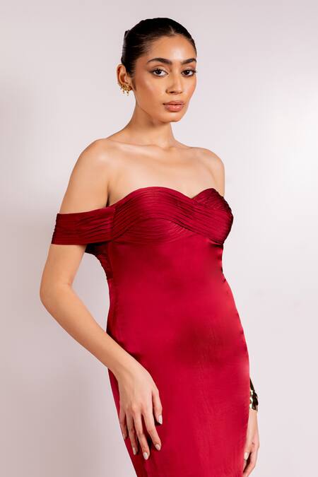 Buy_Pinup By Astha_Maroon Satin, Georgette Sweetheart Neck Draped Off Shoulder Gown _Online_at_Aza_Fashions