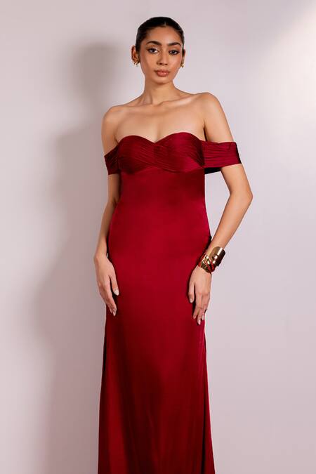 Shop_Pinup By Astha_Maroon Satin, Georgette Sweetheart Neck Draped Off Shoulder Gown _Online_at_Aza_Fashions