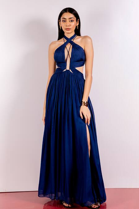 Pinup By Astha_Blue Chiffon Halter Neck Ruched Gown _Online_at_Aza_Fashions