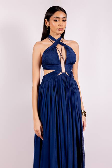 Buy_Pinup By Astha_Blue Chiffon Halter Neck Ruched Gown 