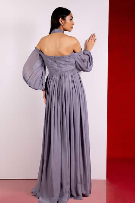 Pinup By Astha Grey Ruched Bodice Off Shoulder Gown 