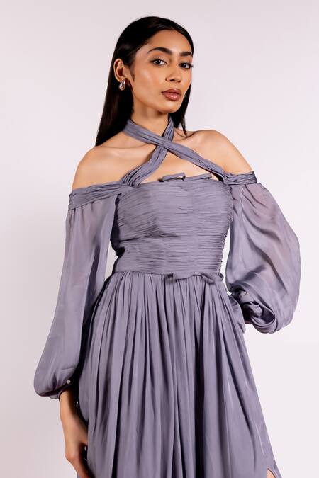 Buy_Pinup By Astha_Gray Chiffon Halter Neck Grey Ruched Bodice Off Shoulder Gown _Online_at_Aza_Fashions