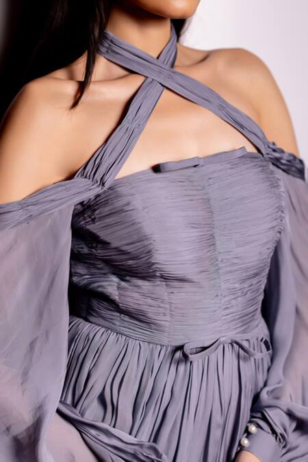 Shop_Pinup By Astha_Gray Chiffon Halter Neck Grey Ruched Bodice Off Shoulder Gown _Online_at_Aza_Fashions
