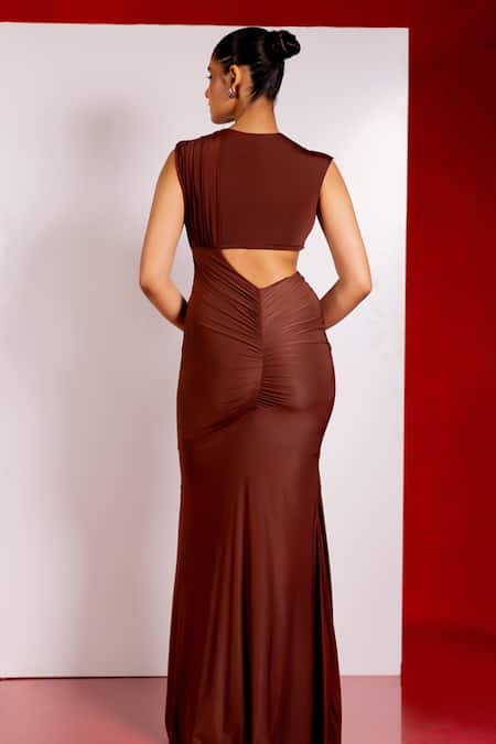 Pinup By Astha Brown Solid Draped Gown 