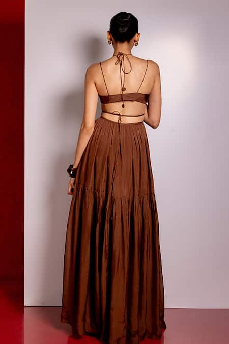 Pinup By Astha Brown Off Shoulder Sweetheart Gown 