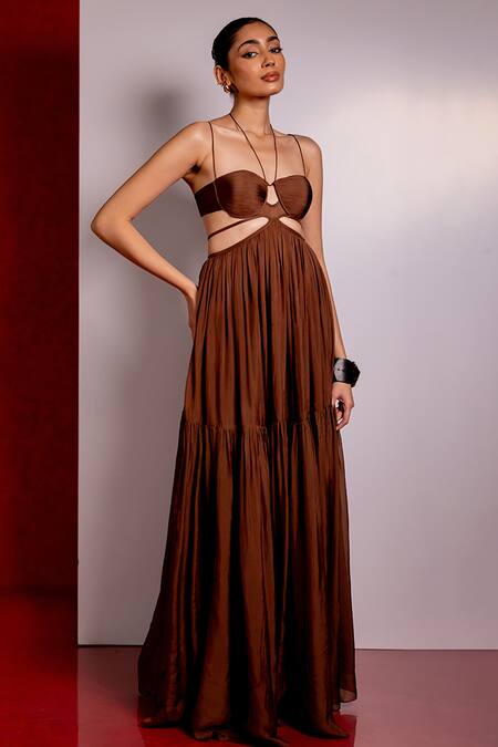 Shop_Pinup By Astha_Brown Chiffon Sweetheart Neck Off Shoulder Gown _Online_at_Aza_Fashions