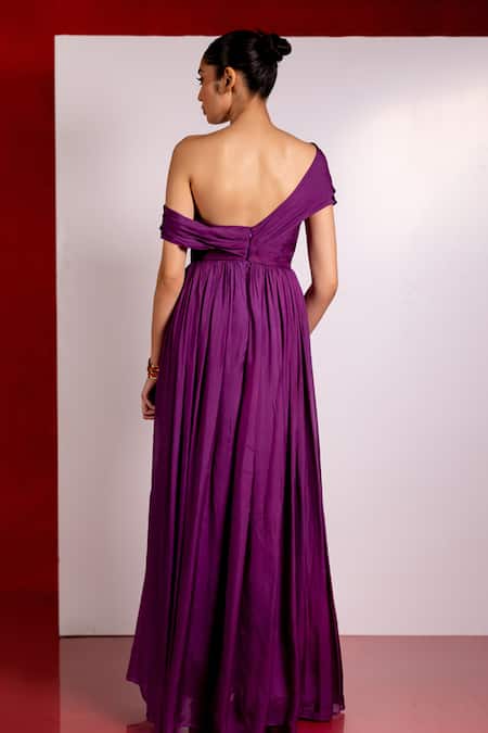 Pinup By Astha Purple Asymmetric Sleeve Gown 